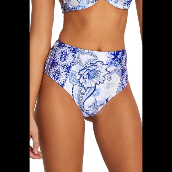 NEW RIVER ISLAND [ 10 US ] Floral High Waist Bikini‎ Bottoms In Blue - Picture 11 of 12